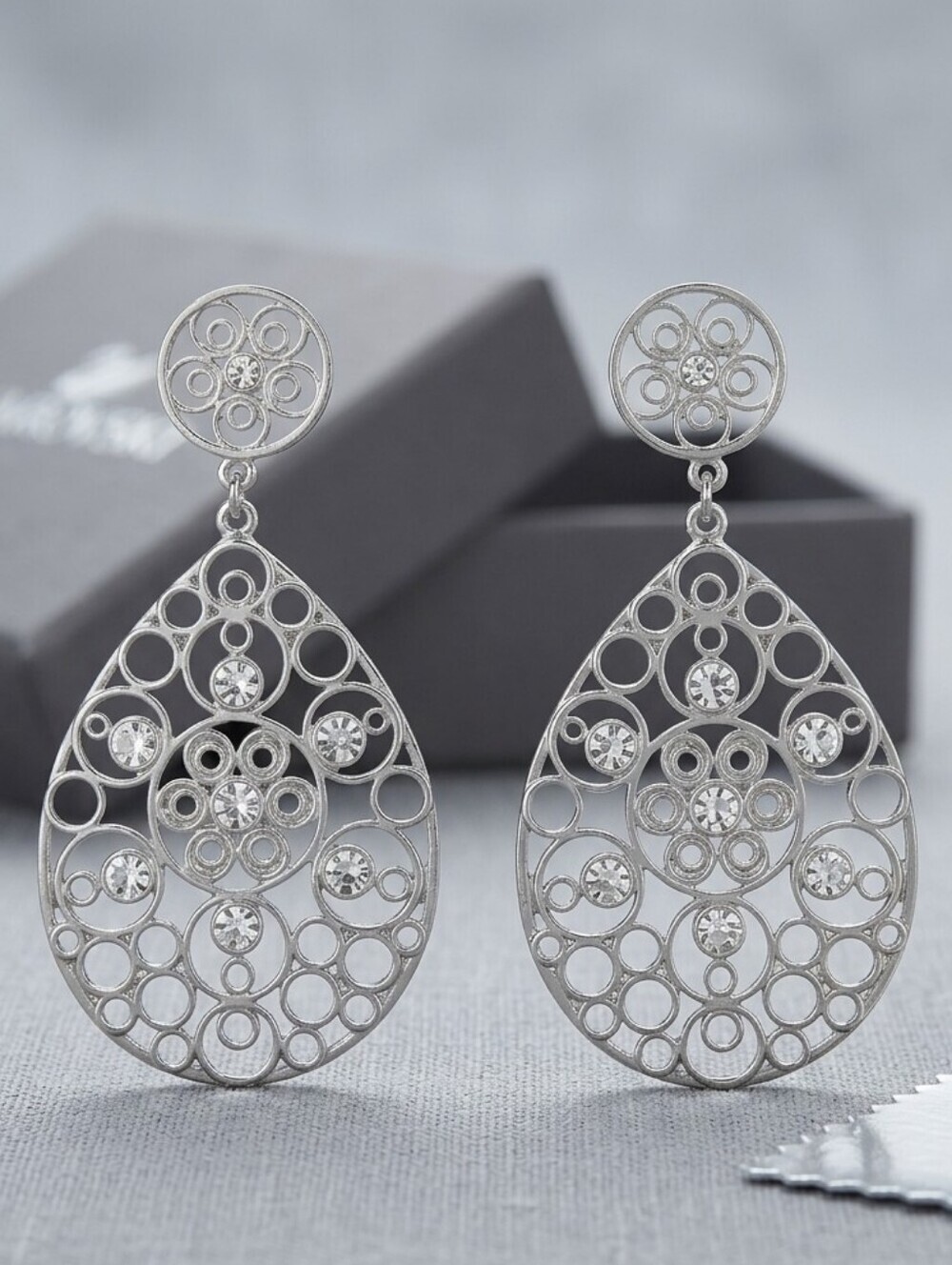 Silver Filigree Teardrop Dangle Earrings with Sparkle - Picture 6 of 16